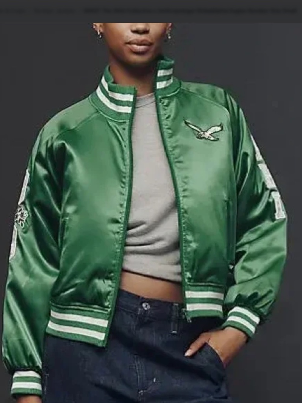 The Wild Collective x Anthropologie Eagles Satin Bomber Jacket Size Small NWT - Picture 3 of 10